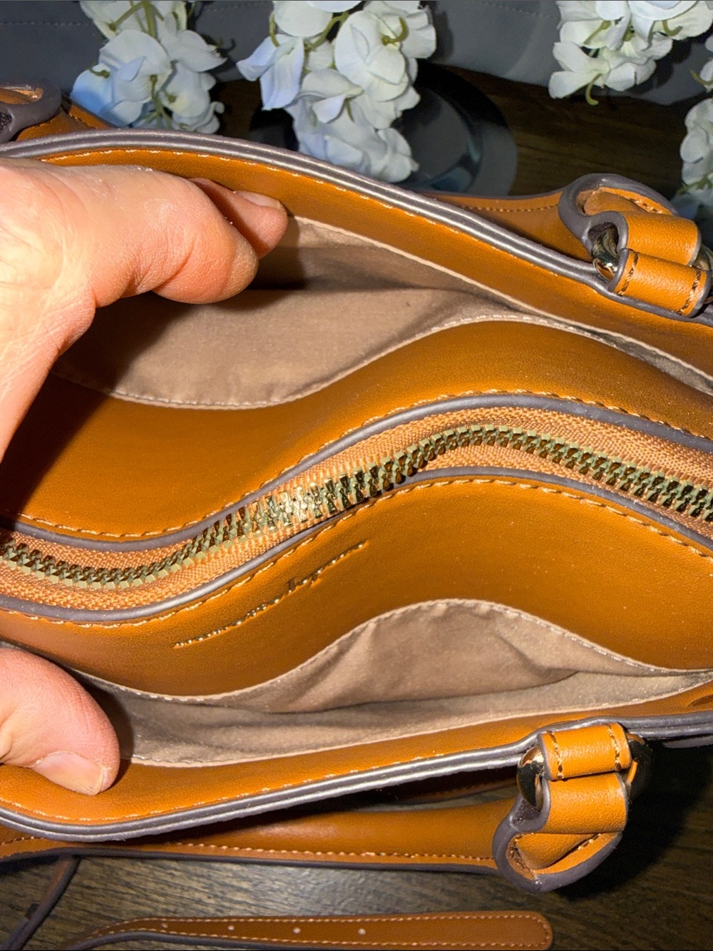 Brown Patterned Satchel with Tan Trim - Designer-Inspired Carryall - Picture 5 of 13
